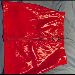Red hot zip up leather skirt